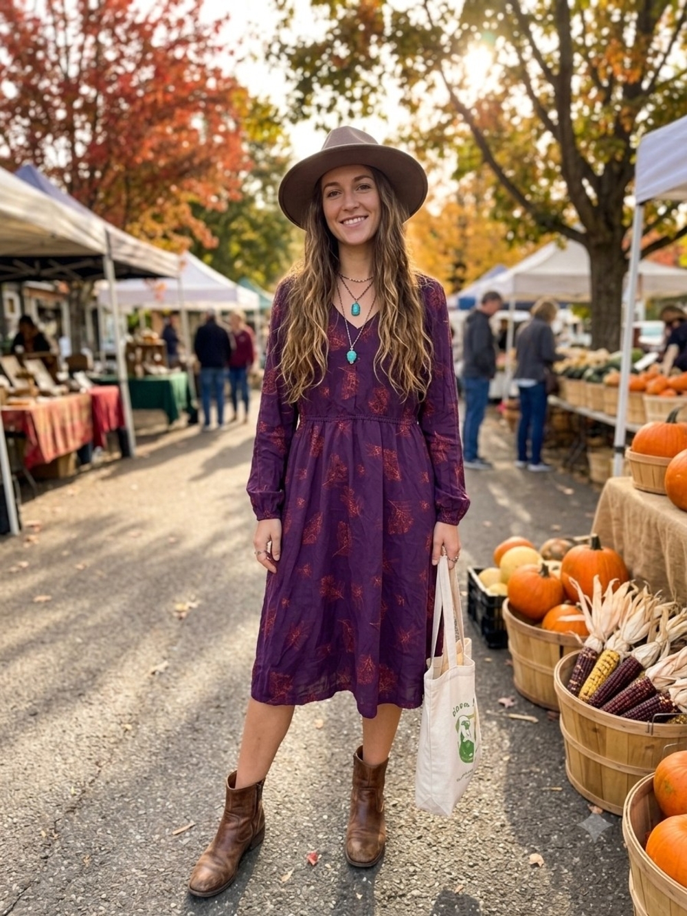 Patagonia Plum Floral Long Sleeve V-Neck Midi Dress